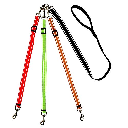 MoSANY 3 Way Dog Leash Reflective Adjustable Coupler No Tangle Detachable 3 in 1 Multiple Dog Leash with Soft Padded Handle for 1 2 3 D