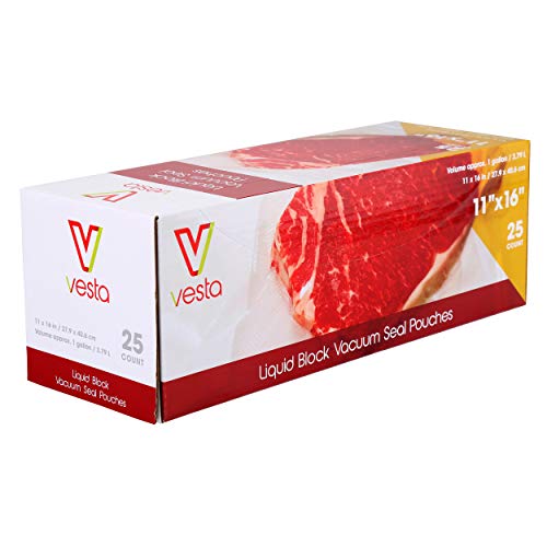 V Vesta Precision Vacuum Seal Pouches by Vesta Precision | Clear and Embossed Vacuum Sealer Bags | Liquid Block | 25 Vacuum Bags per Box (11x16)