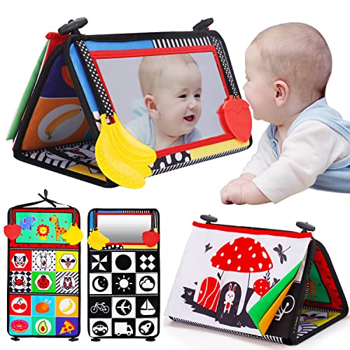 Thremhoo Tummy Time Baby Mirror Infant Toys Newborn Toys 0 3 Months Brain Development with Crinkle Cloth Book and Teether Black and White