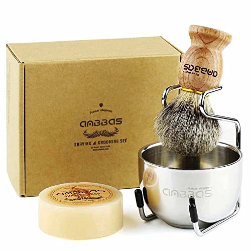 Anbbas Pure Badger Hair Shaving Brush Solid Wood Handle with Goat Milk Shaving Soap 100g,Stainless Steel Shaving Stand and 2 Lay
