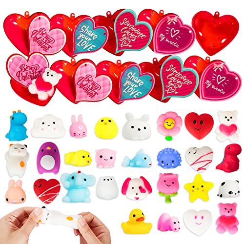 MGparty 28 Pack Valentine Mochi Squishy Toys Filled Hearts with Valentine Cards for Kids Kawaii Animal Mochi Squishies for Kids