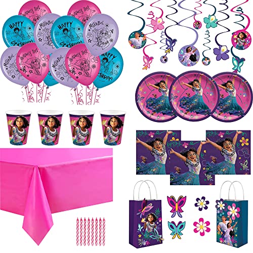 Amscan Encanto Birthday Party Supplies and Decoration For 16: Plates, Napkins, Cups, Table cover, Swirl,Candle, Krafs bags, Balloons.