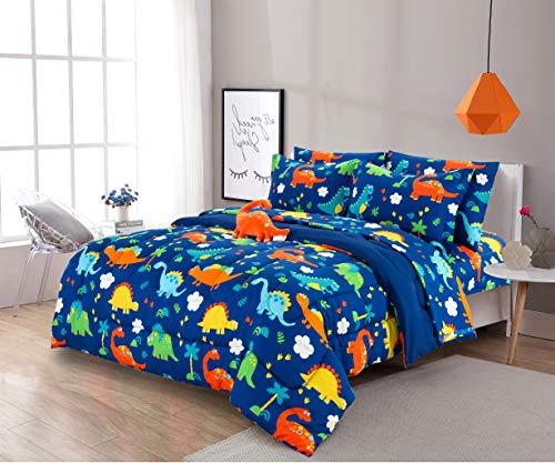 Sapphire Home 6 Piece Twin Kids Boys Comforter Set Bed in Bag w/Shams, Sheet Set & Decorative Toy Pillow, Dinosaurs Print Blue Green Boys Kids