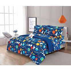 Sapphire Home 8 Piece Full Size Kids Boys Comforter Set Bed in Bag with Shams, Sheet Set, Decorative Toy Pillow, Space Planets Print Blue Mult