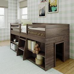 Max & Lily Modern Farmhouse Low Loft Bed, Twin Bed Frame for Kids with 2 Bookcases, Barnwood Brown