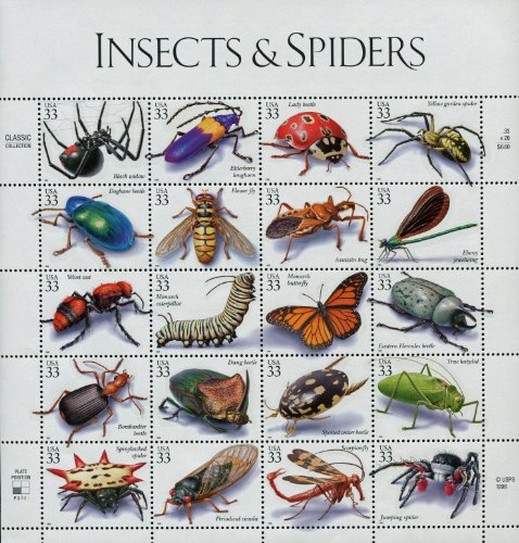 USPS Insects and Spiders, Full Sheet of 20 x 33-Cent Postage Stamps, USA 1999, Scott 3351