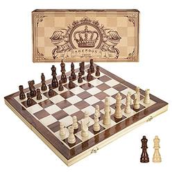 Amerous 15 Inches Magnetic Wooden Chess Set - 2 Extra Queens - Folding Board, Handmade Portable Travel Chess Board Game Sets wit