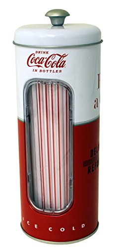 The Tin Box Company Coca Cola Holder with 50 Straws, 3.4 x 3.4 x 8.2 inches, Red