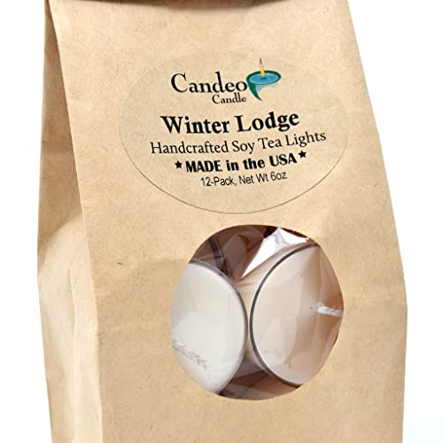 Candeo Candle Winter Lodge, Soy Tealights, White Clear Cup Candles (Winter Lodge, 12 Pack)
