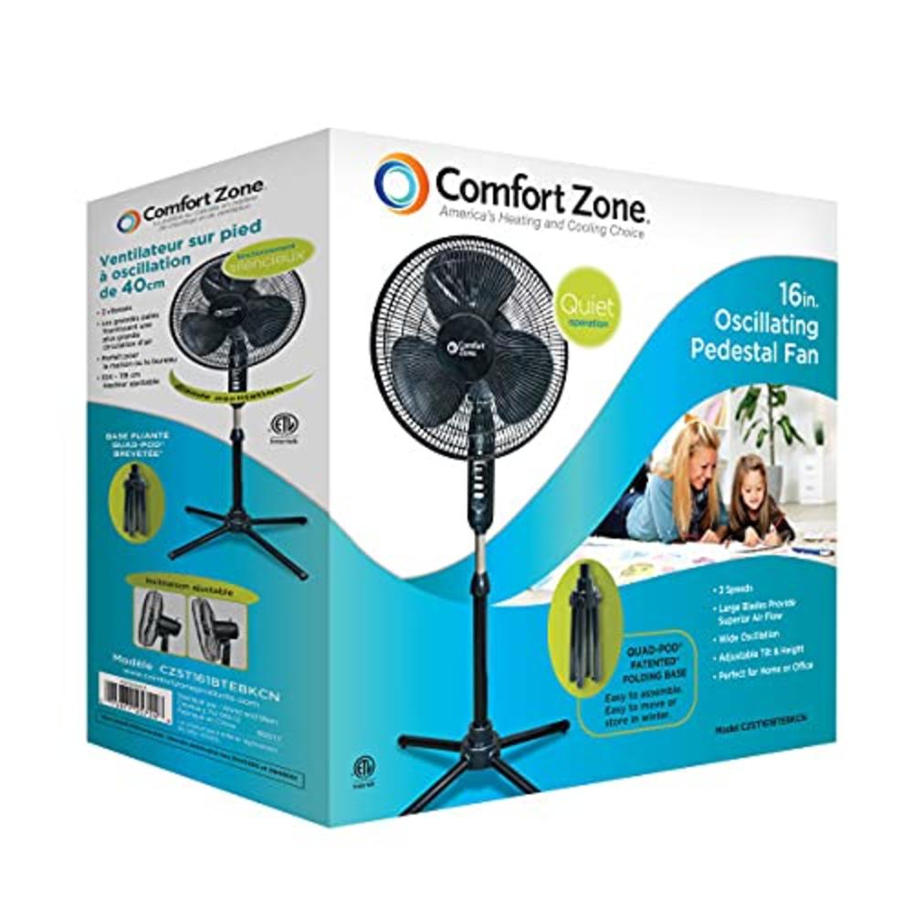 CCC COMFORT ZONE 16” Oscillating Pedestal House Fan by Comfort Zone. 3-speed Options, 90-Degree Oscillating Head, Adjustable Height and Tilt. Pow