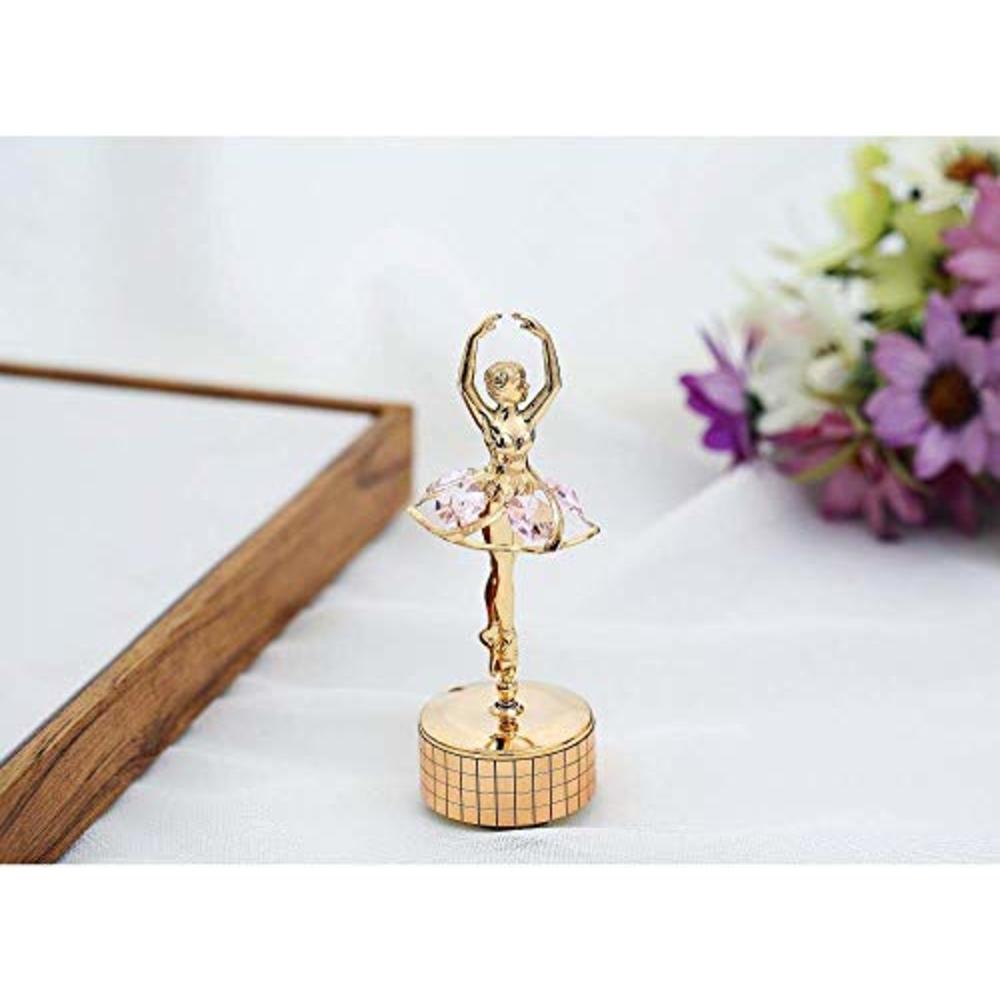 Matashi 24k Gold Plated Ballet Dancer Wind-Up Music Box with Pink Crystals, Home Bedroom Decor Tabletop Ornaments Gift for Music