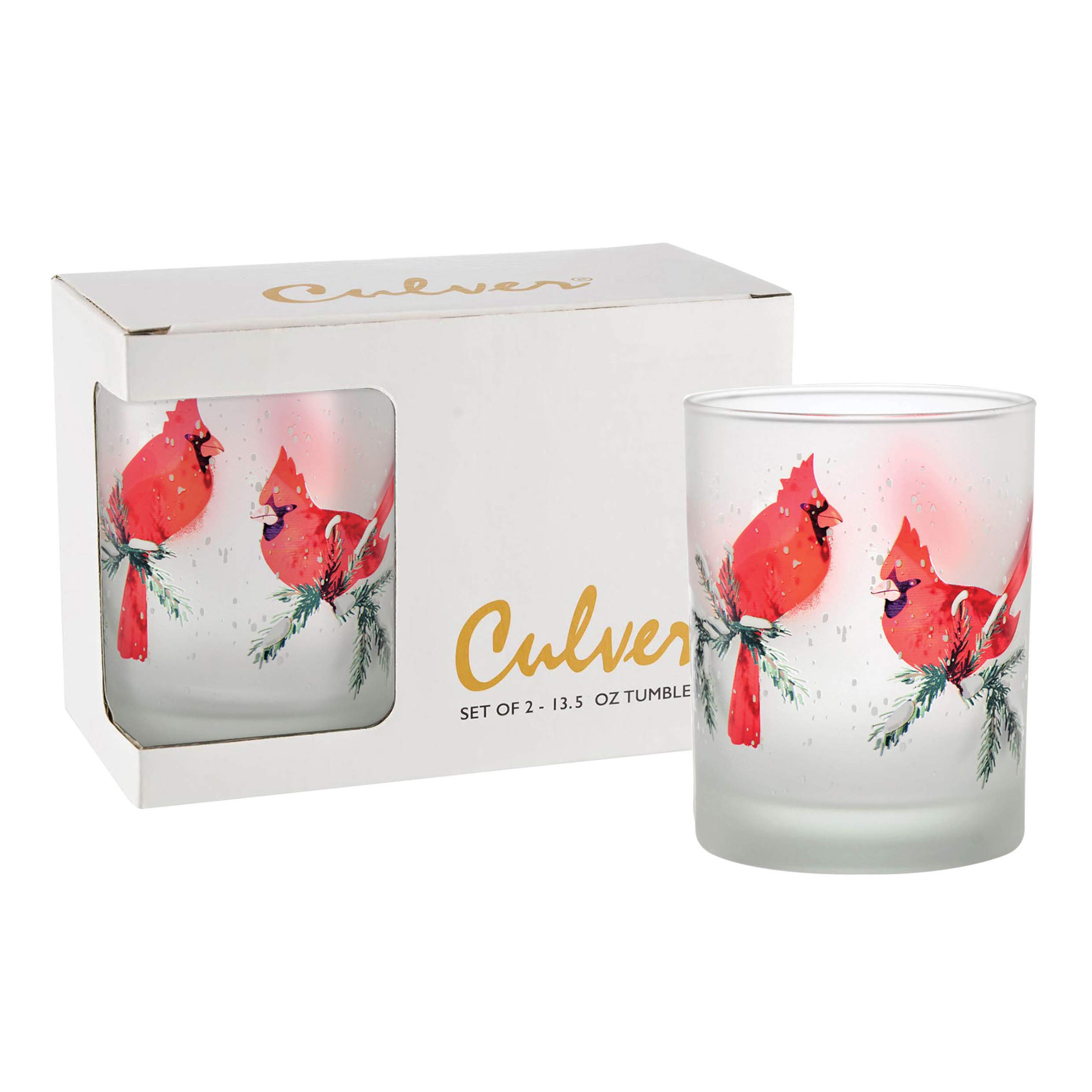 culver Holiday Decorated Frosted Double Old Fashioned Tumbler glasses, 135-Ounce, gift Boxed Set of 2 (Winter cardinals)
