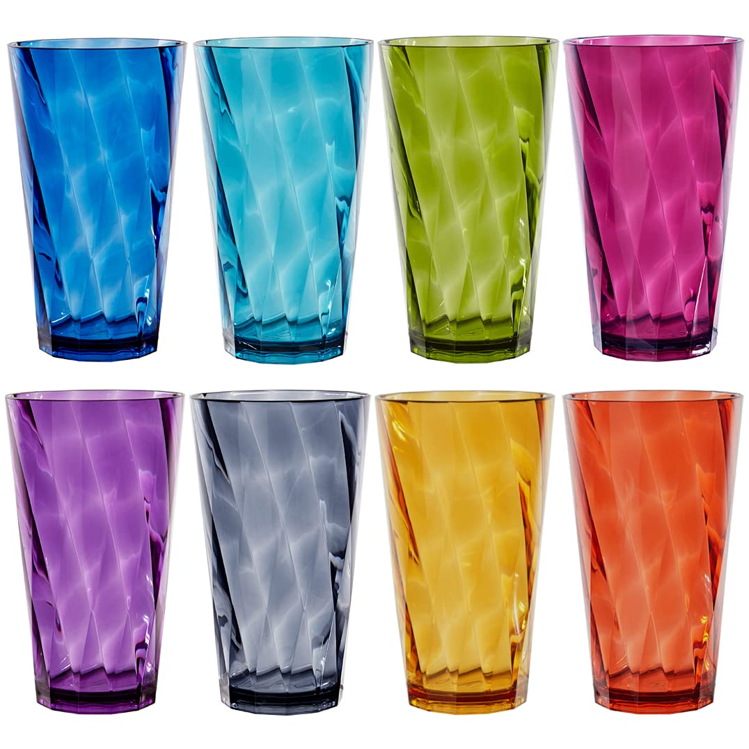 US Acrylic Optix 20 ounce Plastic Stackable Water Tumblers in Jewel Tone colors Set of 8 Drinking cups Reusable, BPA-free, Made