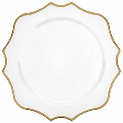Koyal Wholesale 135 White and gold French Scroll charger Plates, Bulk Set of 4 Scalloped Acrylic Plastic charger Plates for Tabl