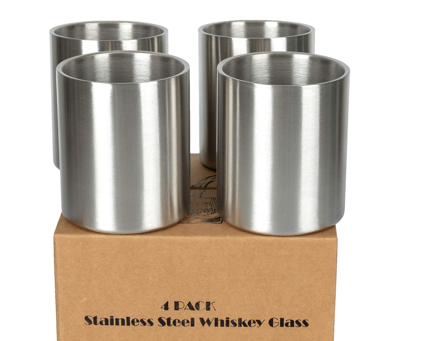 Jillmo Whiskey glass Set of 4 Stainless Steel Lowball glasses - 10 oz Insulated Shatterproof Outdoor Bourbon glass - Ideal gift for Fam