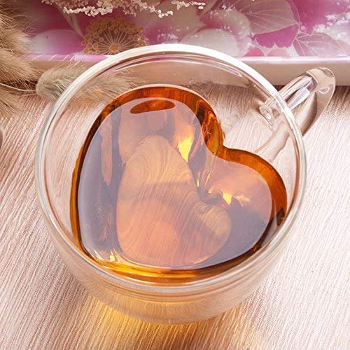 Easicozi Heart Shaped Double Walled Insulated glass coffee Mugs or Tea cups, Double Wall glass 8 oz, clear