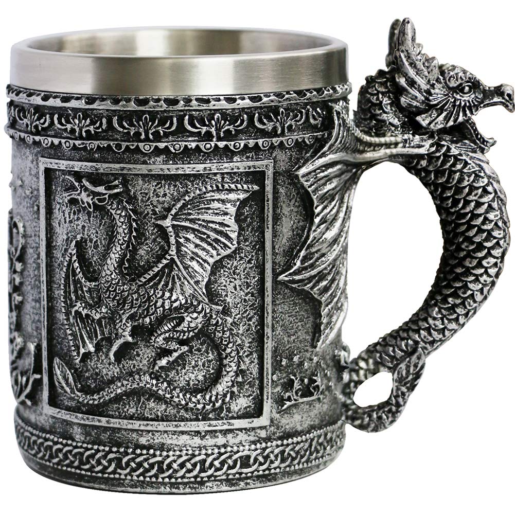 ALIKIKI Medieval Roaring Dragon Mug - Dungeons And Dragons Beer Stein Tankard Drink cup - 14oz Stainless coffee mug for gOT Dragon Lover