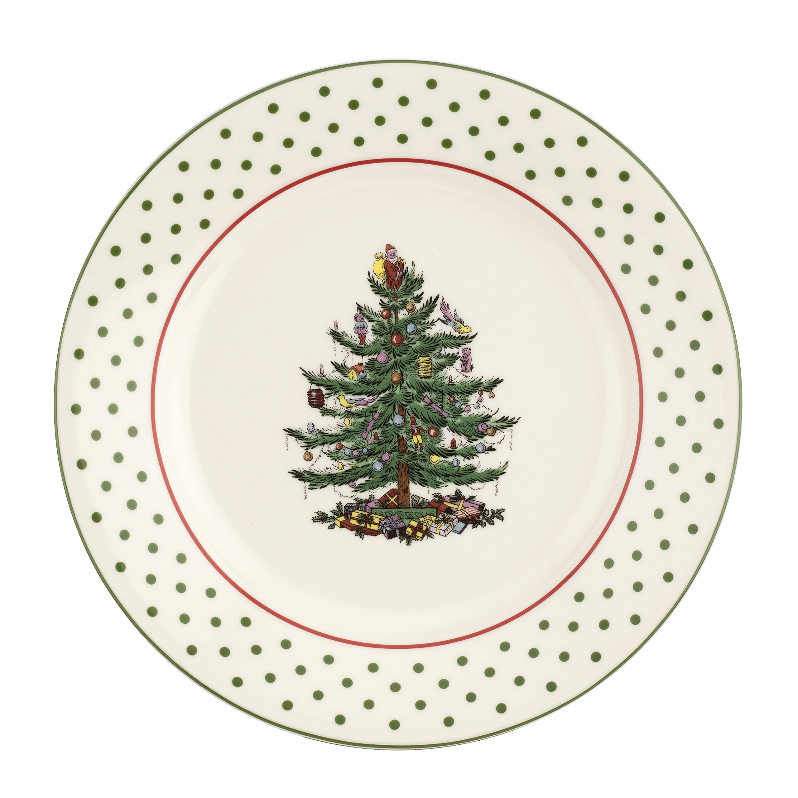 Spode christmas Tree collection Dessert Plates, Set of 4, Polka Dot Design, Use for Dessert, Appetizers, or Salad, Measures at 8