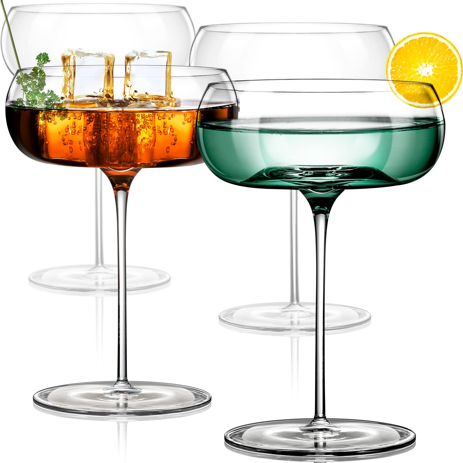 LUNA & MANTHA Unique coupe glasses Set of 4 8 oz Hand-Blown crystal Round Martini glasses Art Deco cocktail glasses Set for Pisco Sour, champa