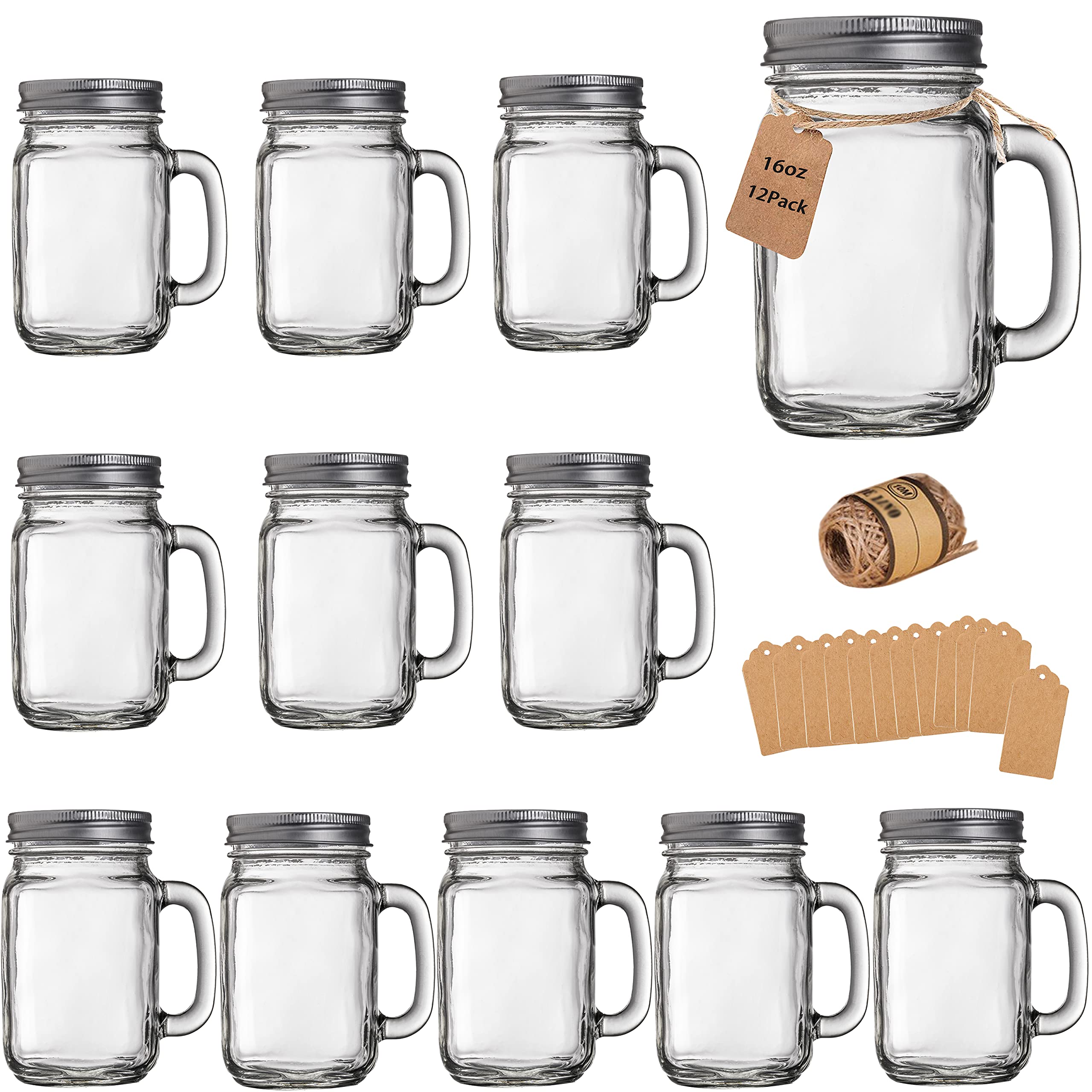 TANGLONG Mason Jar cups, Mason Jars With Handle And Lids, Mason Jar Drinking glasses, glass Mason Jar Mugs 16 oz -12 Pack