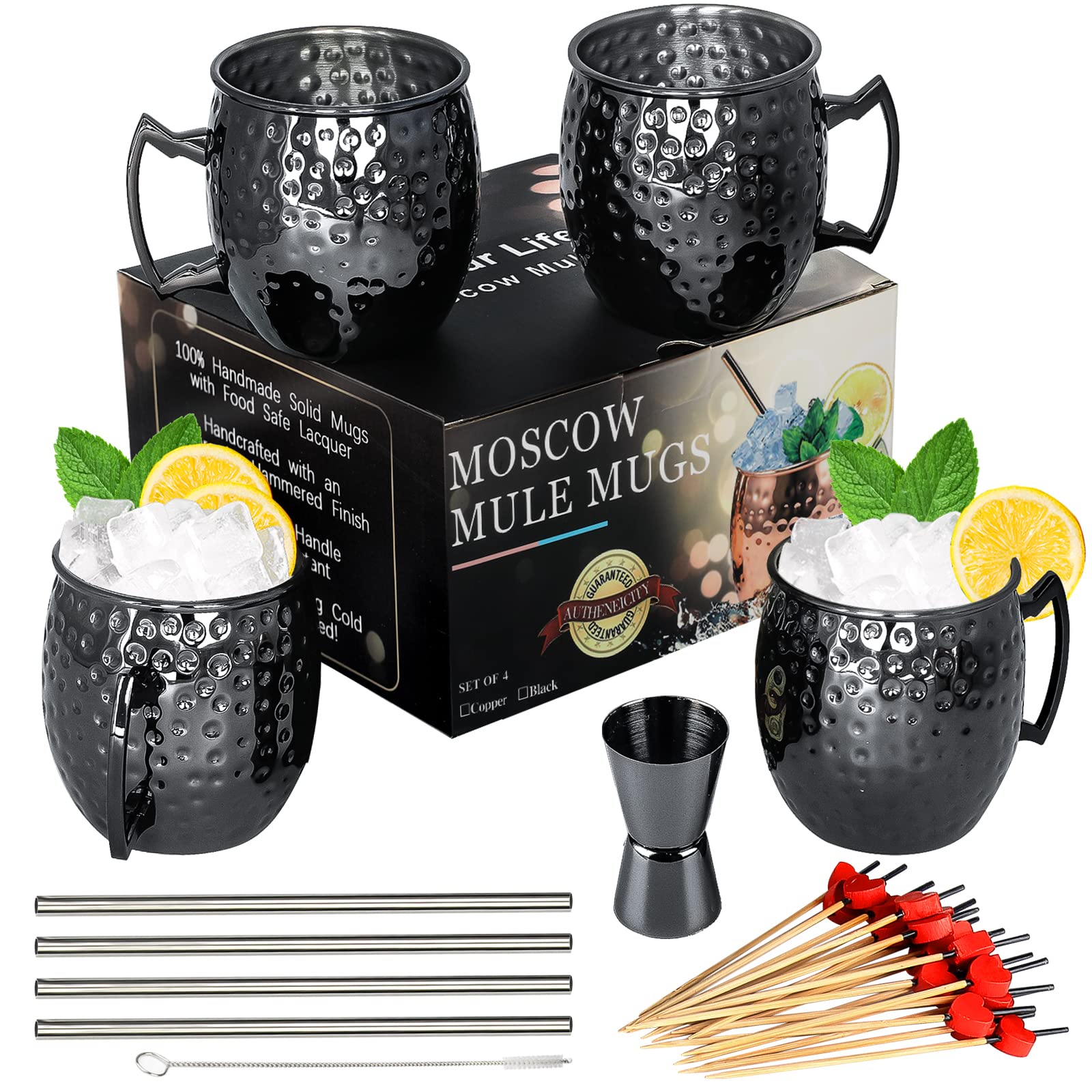 LINALL Moscow Mule Mugs- Set of 4 gunmetal Black Plated Stainless Steel Mug 18oz, Measuring cup, cocktail Picks for chilled Drinks (4pc
