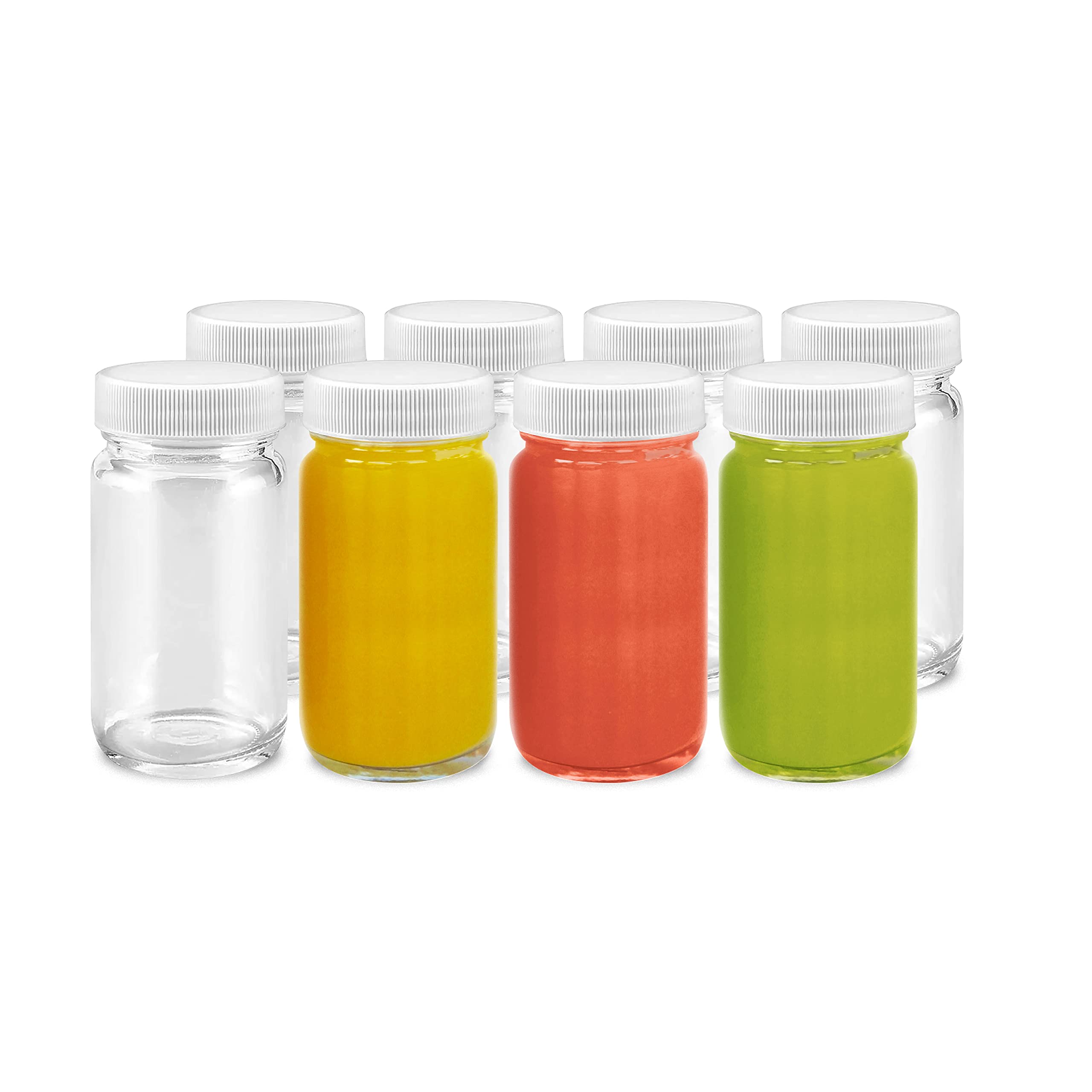 All About Juicing Juice Shot Bottles Set - Wide Mouth for Juicing, Beverage  Storage, Liquids, 2 oz, clear glass with White caps, Reusable, Leak Pr