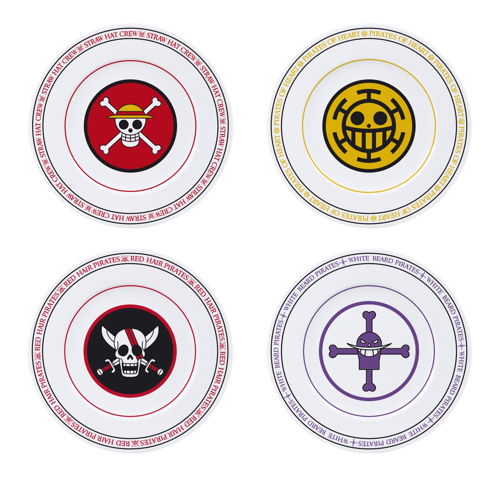 ABYstyle One Piece Anime Pirate Emblems Plate Set Featuring the Straw Hat,  Heart, Red Hair, & White Beard Pirates jolly rogers M