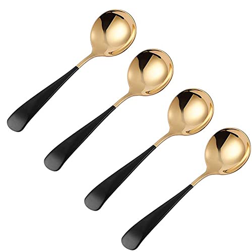 CLWXHS 4-Pack Palace Style Soup Spoons Large Bowl 18 Round Head Stainless Steel Heavy Duty Food Serving Spoons - Black gold