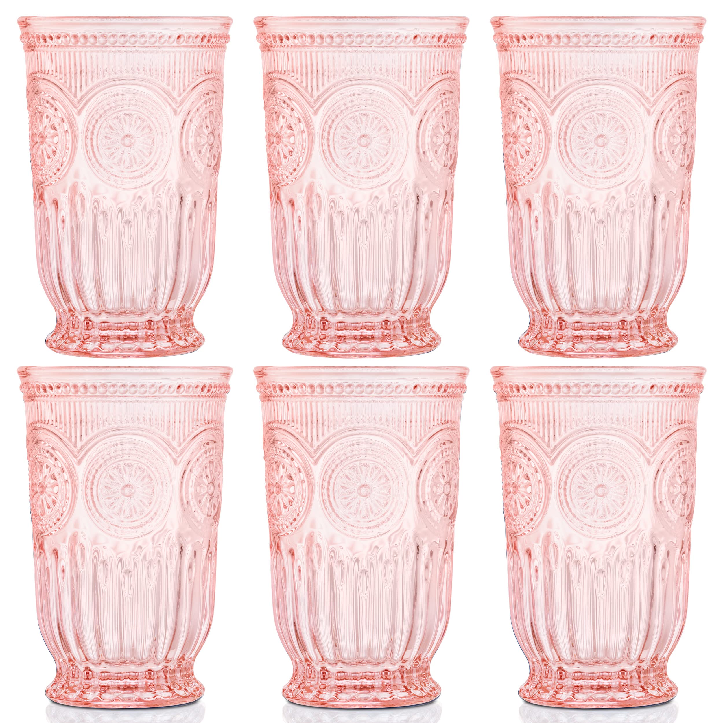 Yungala Pink glassware set of 6 vintage drinking glasses, Dishwasher safe colored glassware with matching pink wine glasses or short pin