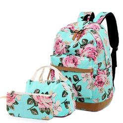 Lmeison Green Floral Backpack Teen Girls Bookbag with Lunch Bag School Bag College Canvas Casual Daypack Travel Backpack 15.4 in