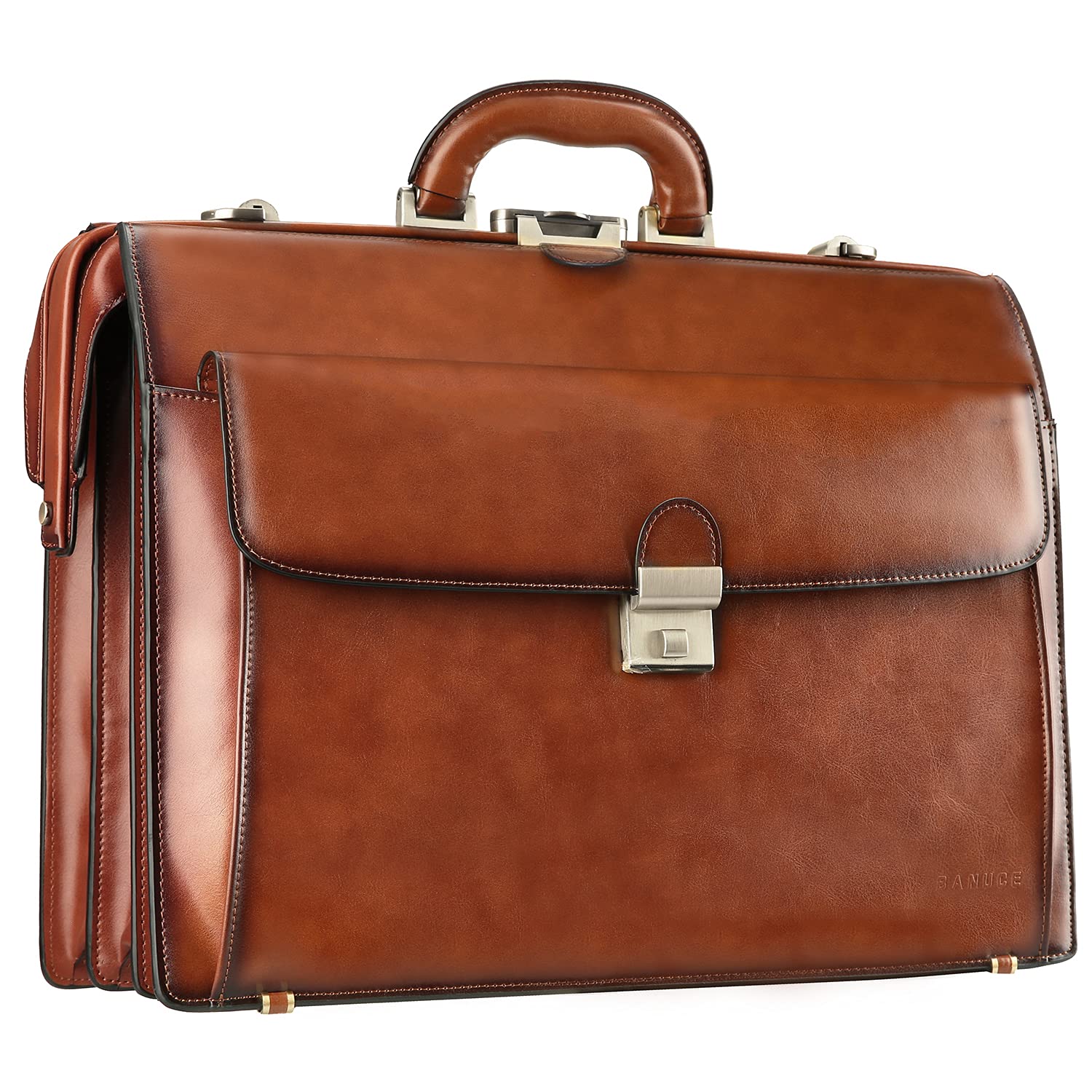 Banuce Leather Briefcase for Men with Lock Lawyer Attache case Hard 156 Laptop Attorney Litigator Bag Doctor Style Bag