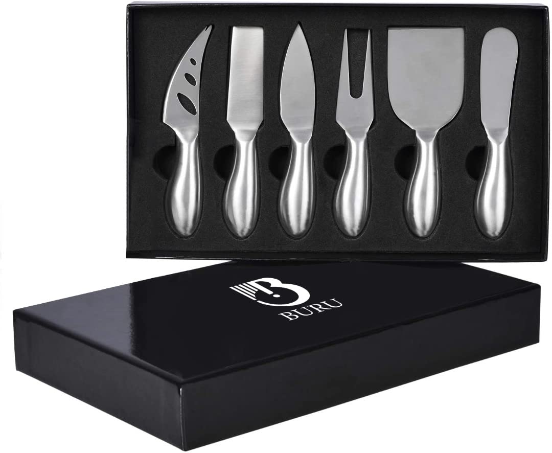 BURU cheese Knives Set 6-Piece Stainless Steel cheese Knife Set for charcuterie with Spreader, Fork and case with best cheese kn
