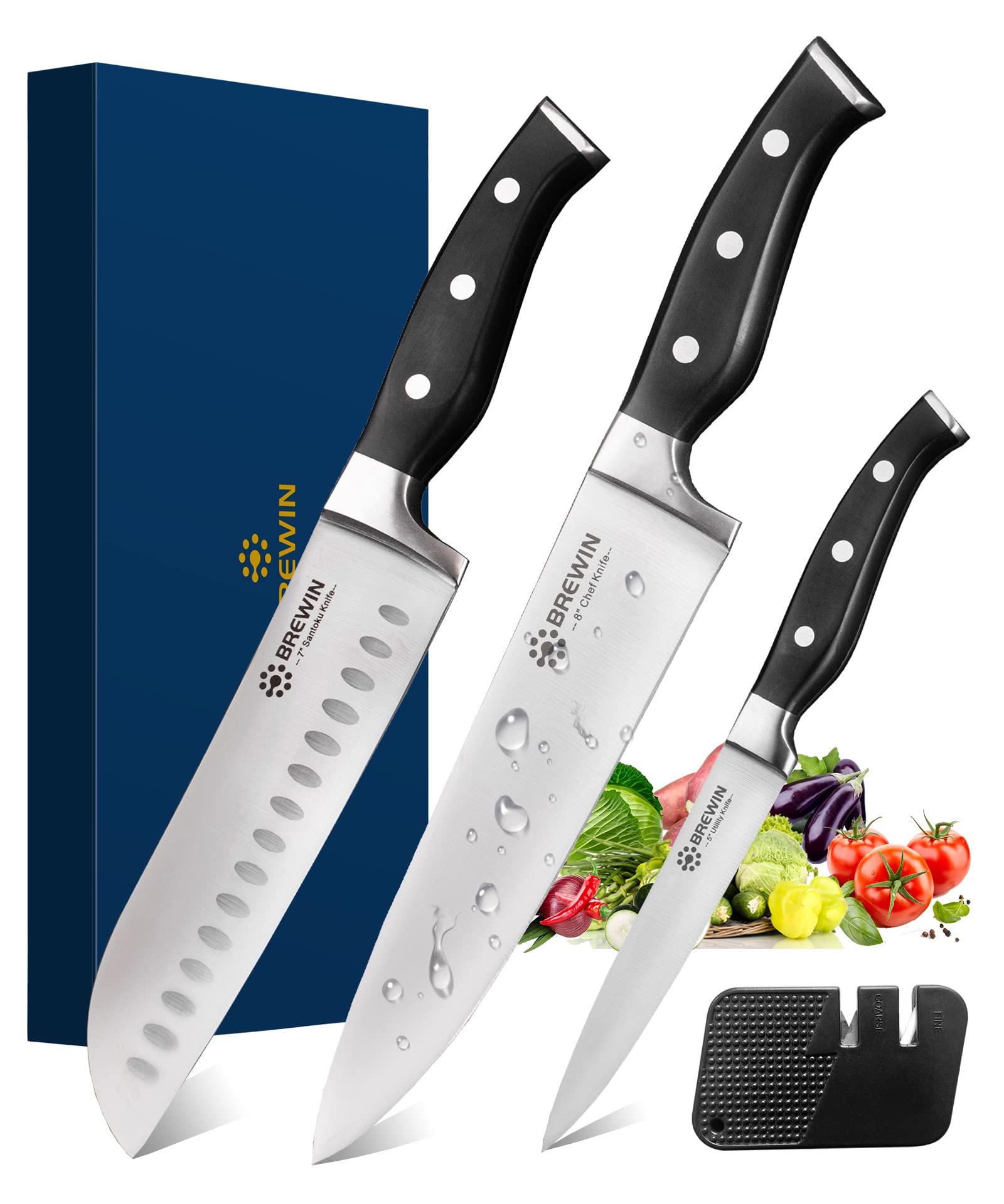 Brewin Professional chef Knife Set 3PcS, Ultra Sharp Knives Set for Kitchen High carbon Stainless Steel Kitchen Knife Sets Full