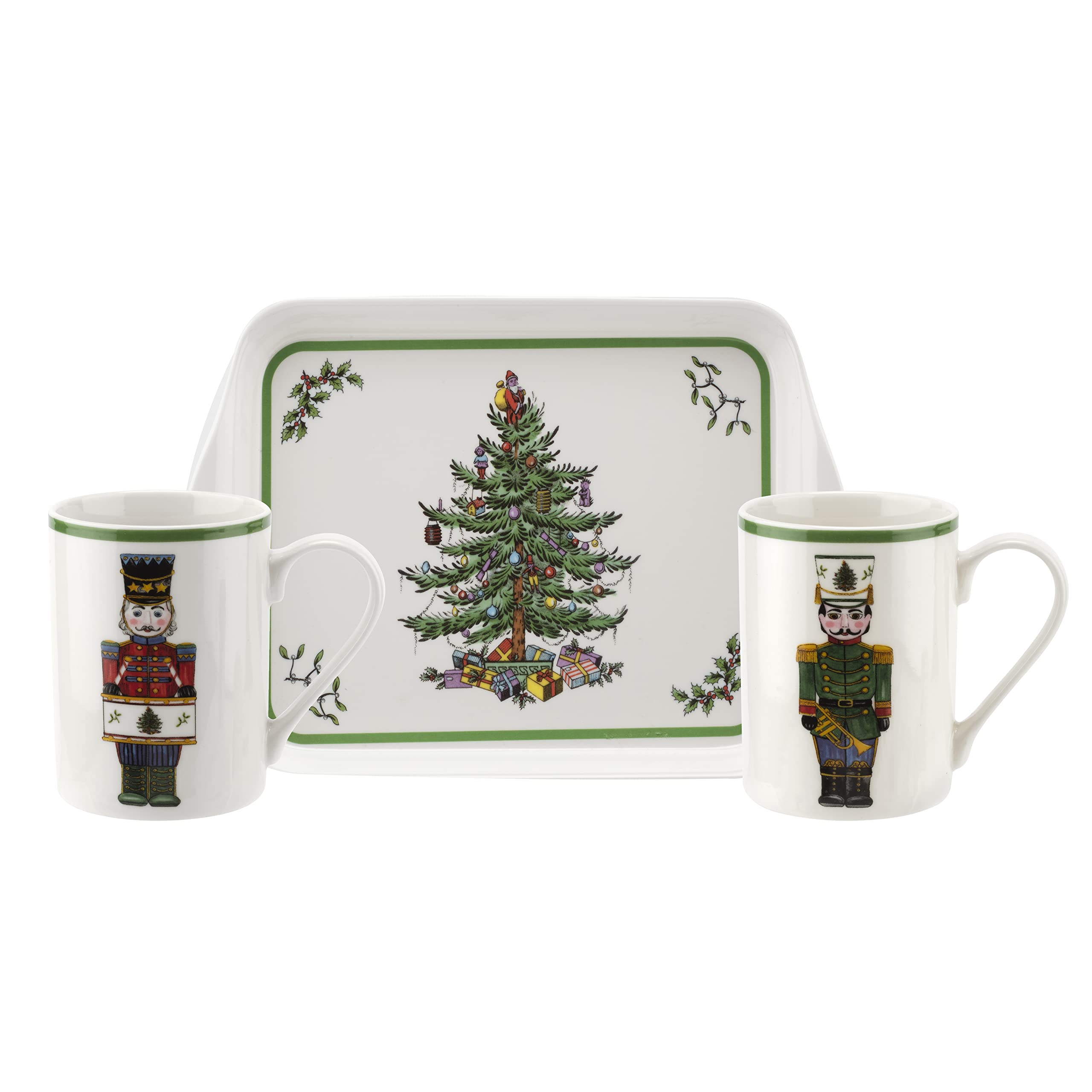 Spode - christmas Tree Nutcracker Mugs and Tray, 3-Piece Set, Holiday Breakfast Tray, 10-Ounce coffee Mug, Made of Porcelain and