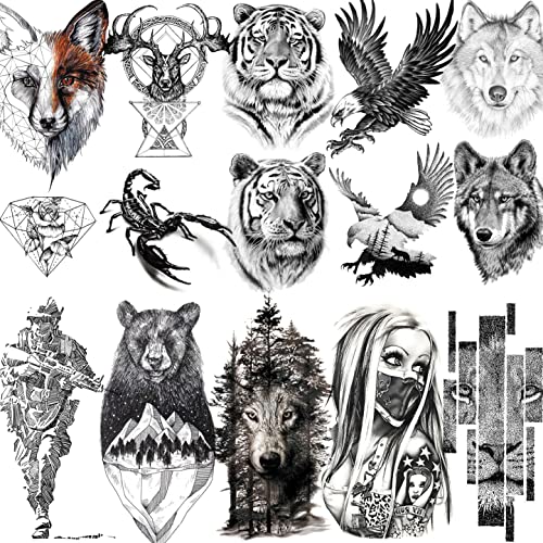 VANTATY 10 Sheets Realistic Tiger Temporary Tattoos Animals For Men Body Armband Soldier Fake Tatoo Stickers For Women Scorpion