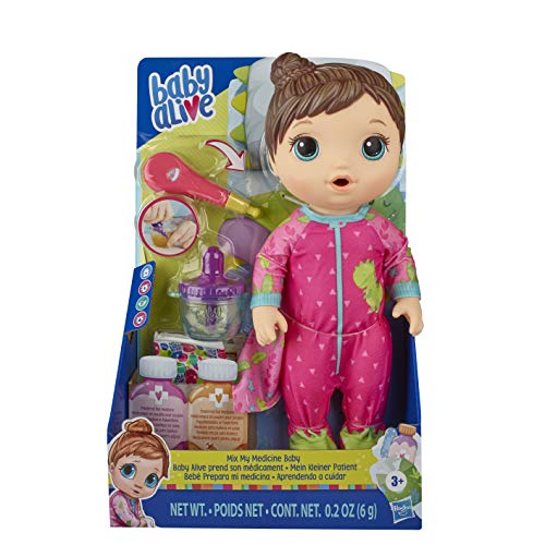 Baby Alive Mix My Medicine Baby Doll, Dinosaur Pajamas, Drinks and Wets, Doctor Accessories, Brown Hair Toy for Kids Ages 3 and