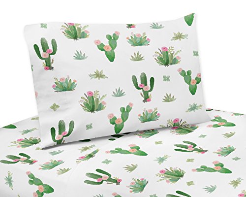 Sweet Jojo Designs Pink and Green Boho Watercolor Twin Sheet Set for Cactus Floral Collection - 3 Piece Set