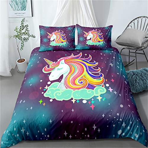OKalayni cartoon Unicorn Bedding Dreamy Sparkle Rainbow Bed Set gifts for Kids Teens girls Boys 2 Pieces comforter Set Twin Size Include