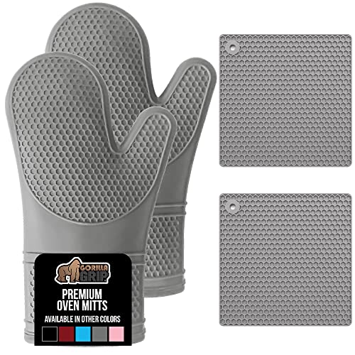 Gorilla Grip gorilla grip Heat Resistant Silicone Oven Mitt and Pot Holder  4 Piece Set, Waterproof, Soft cotton Lined gloves, Includes 2 Flex