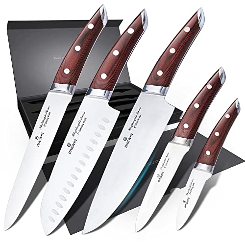 Brewin cHEFILOSOPHI chef Knife Set 5 PcS with Elegant Red Pakkawood Handle Ergonomic Design,Professional Ultra Sharp Kitchen Kni