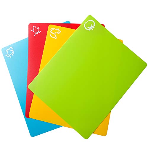 carrollar Flexible Plastic cutting Board Mats, colored Mats With Food Icons, gripped Back, cutting board Set of 4