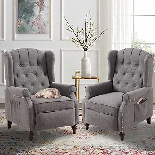 BINgTOO Wingback Recliner chair Set of 2 Accent chairs with Massage and Heating for Living Room Tufted Fabric Push Back Recliner