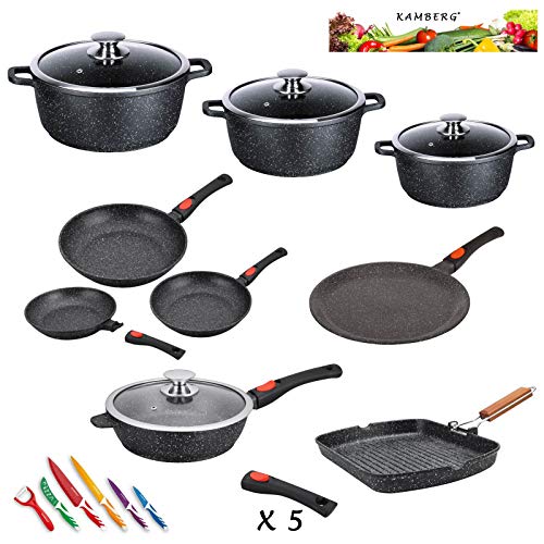 Kamberg 000 cookware Set 24 Pieces cast Aluminium Stone coating Suitable  for All Heat Sources Including Induction Removable Hand
