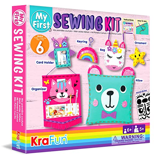 KRAFUN Beginner My First Sewing Kit for Kids Arts & crafts, 6 Easy Projects  of Stuffed Animal Dolls and Plush Pillow craft, Inst