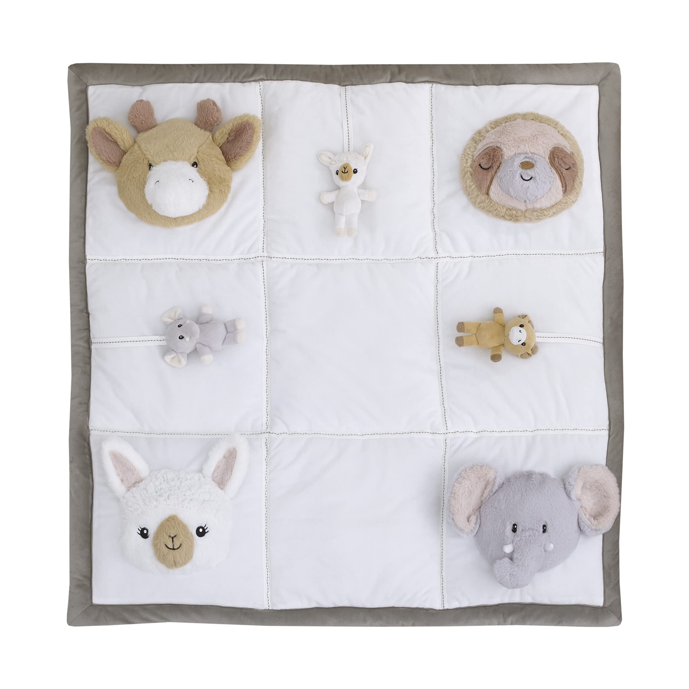 NoJo Playful Pals White, Tan, & Gray Four 3D Animals with Crinkle Plush Tummy Time Play Mat - Sloth, Llama, Elephant, & Giraffe,