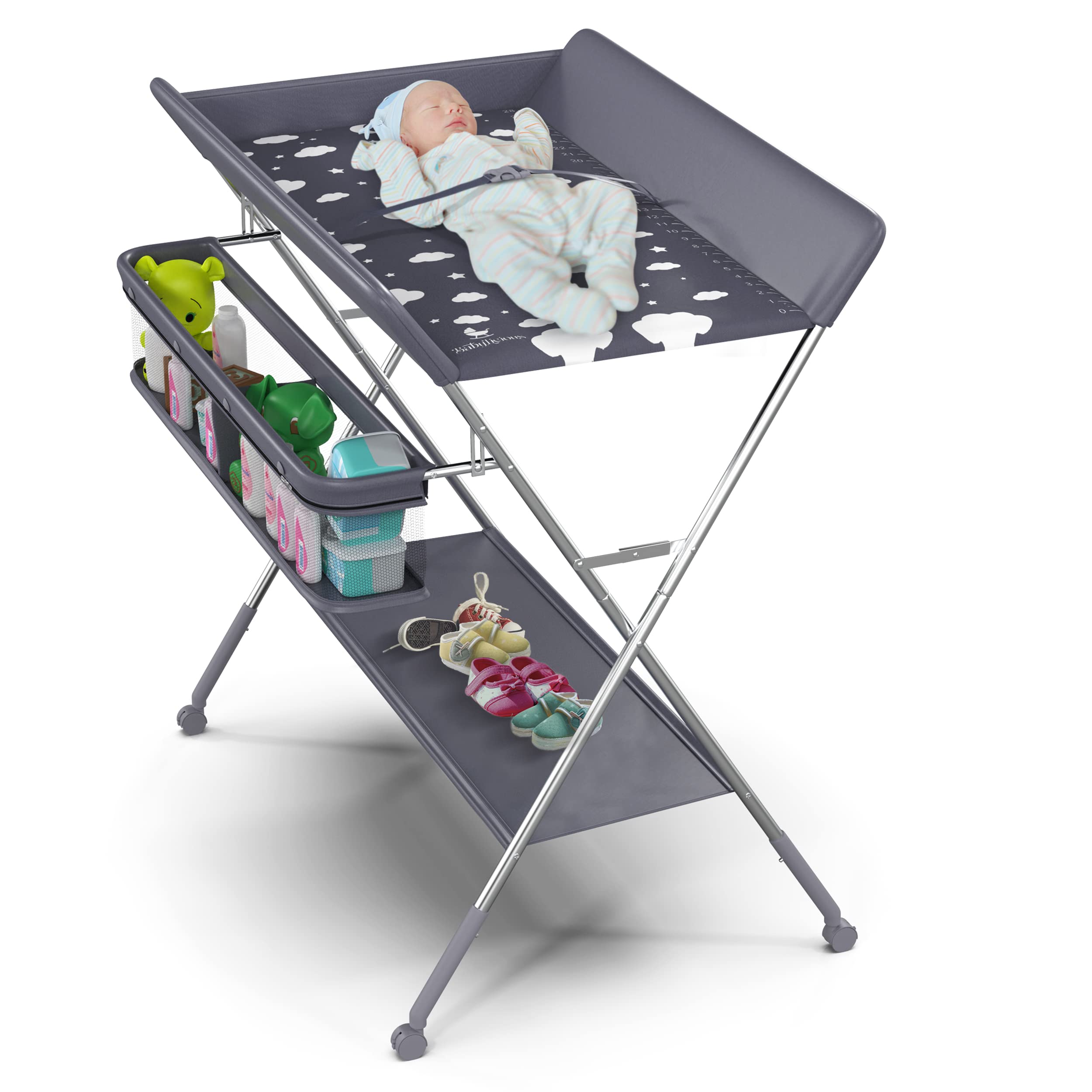 Babylicious Baby Portable Changing Table - Foldable Changing Table with Wheels - Portable Diaper Changing Station - Adjustable H