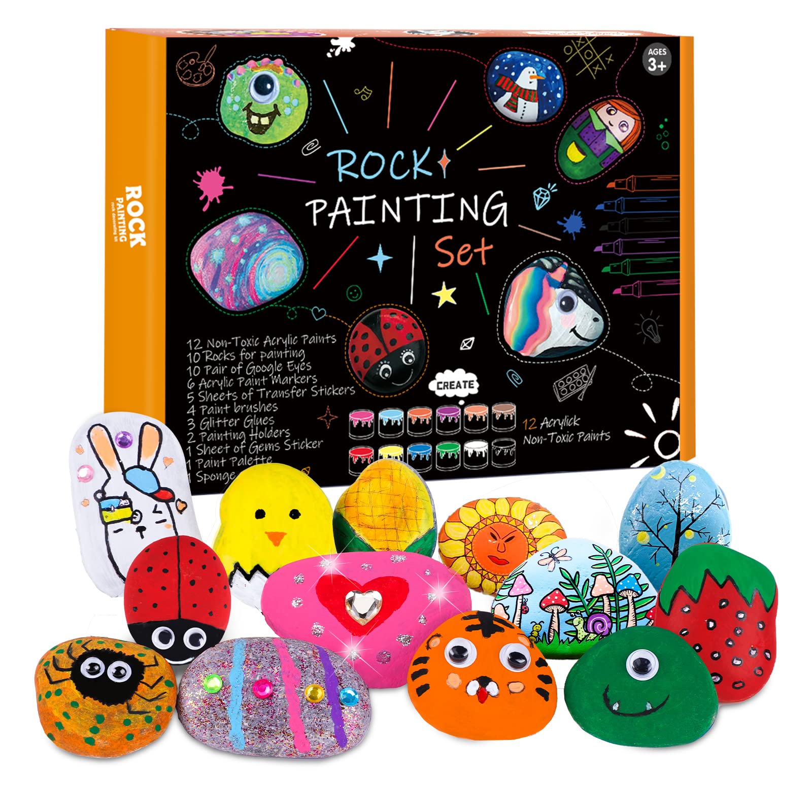 YIFUHH creative Rock Painting Kit for Kids, Arts and crafts for Boys&girls  Age 6-12Acrylic Paint, Waterproof Markers, gems-Kids Paintin