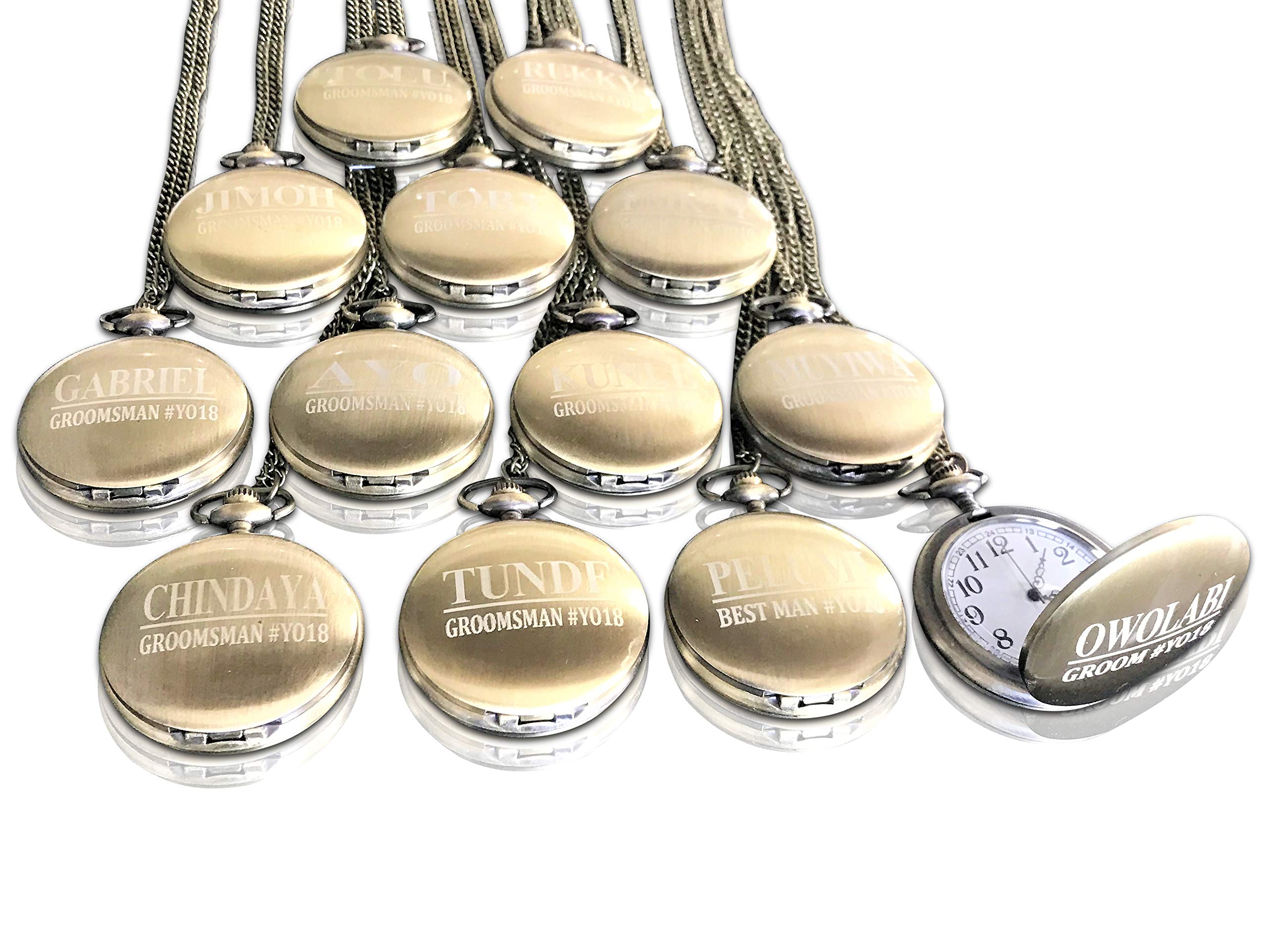 Eternity Engraving i 8 groomsmen Engraved Pocket Watches, Set of 8 groomsmen Wedding Unique gifts, chain, Box and Engraving Included, comes in 5 colo