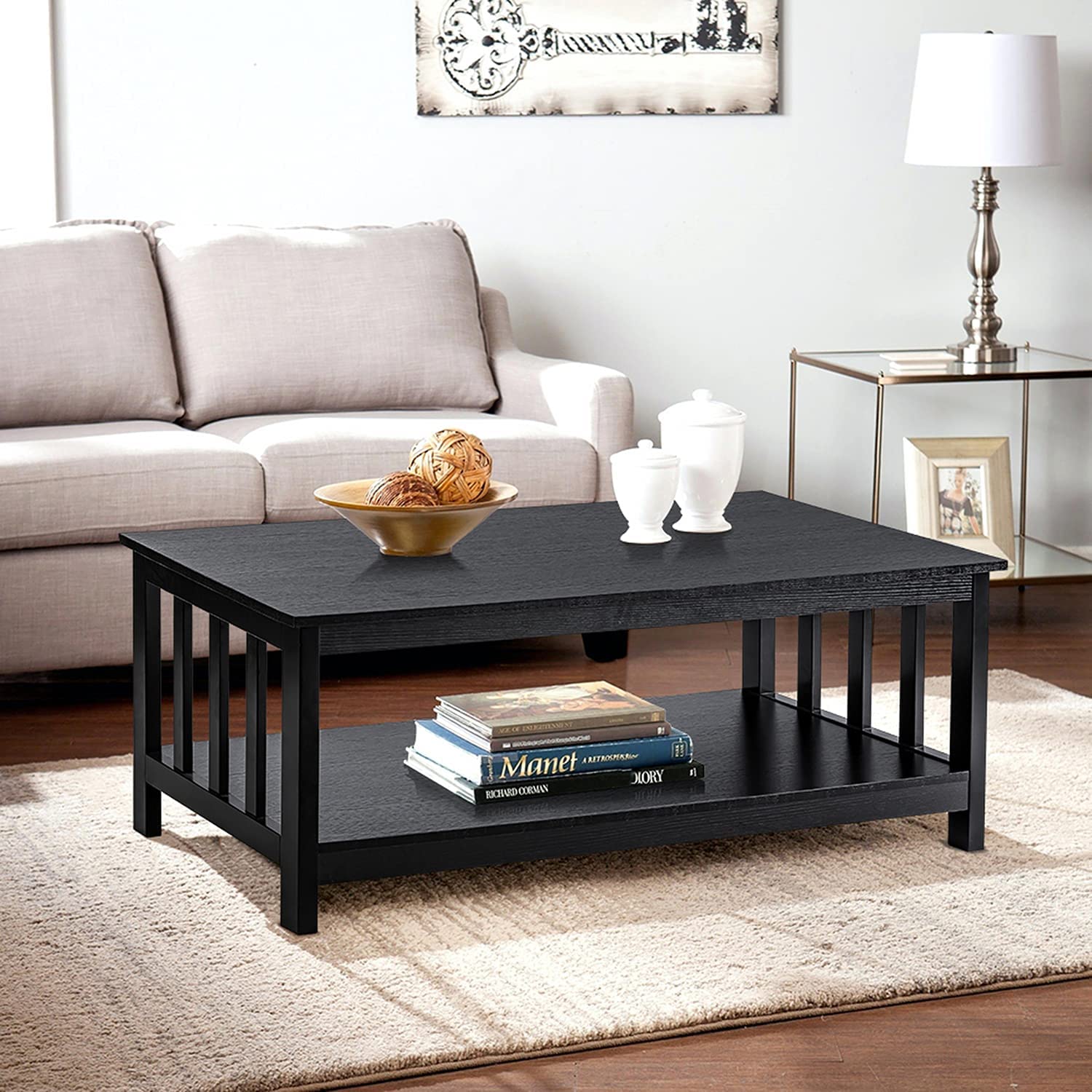 choochoo Mission Coffee Table Black Wood Living Room Table with Shelf 40  Black