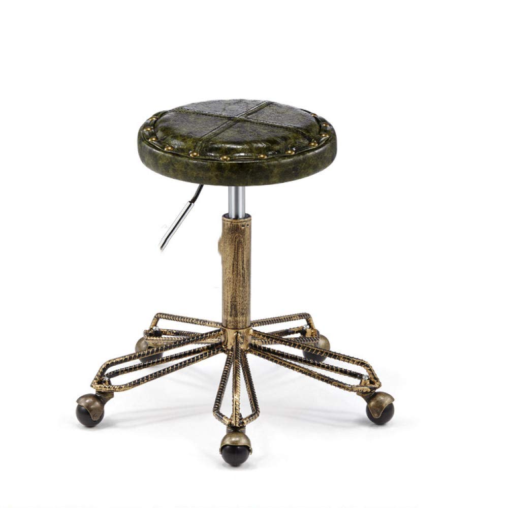 Rugs Round Stool on Wheel,Height Adjustable Stool with green PU Synthetic Leather Seat,Adjustable Height 48-58 cm,Supported Weight 16